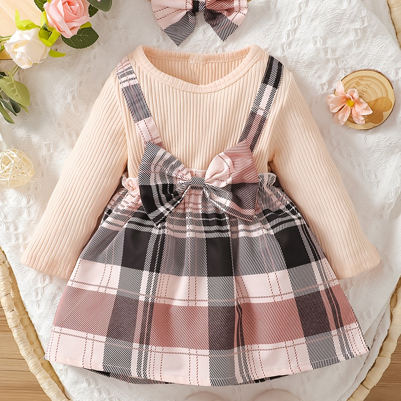 2pc Toddler Girls Bow Plaid Skirt Set Long Sleeve Knit Sweater Dress Headband