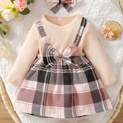 2pc Toddler Girls Bow Plaid Skirt Set Long Sleeve Knit Sweater Dress Headband
