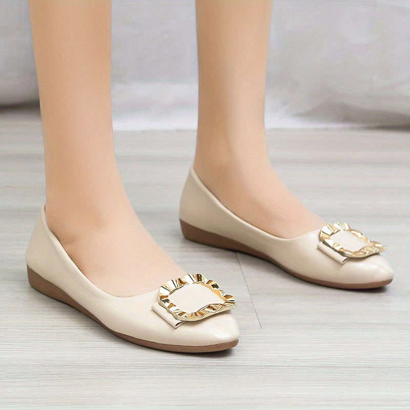Metallic Square Buckle Ballet Flats Pointed Toe Comfy Soft Sole