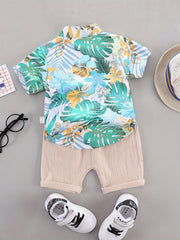 2pcs Baby Boys Cotton Flower Graphic Short Sleeve Casual Tees & Pants