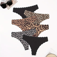 6pcs Leopard Thongs Scallop Trim Seamless & Comfy Stretchy Intimates Panties