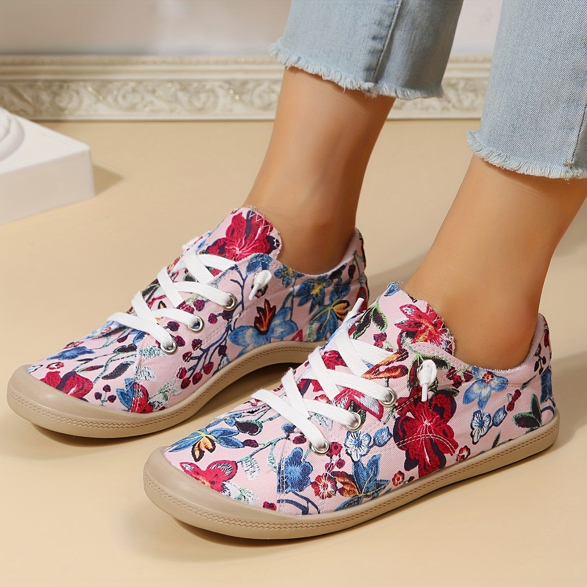 Floral Print Canvas Lace Up Flat Sneakers Women's Shoes