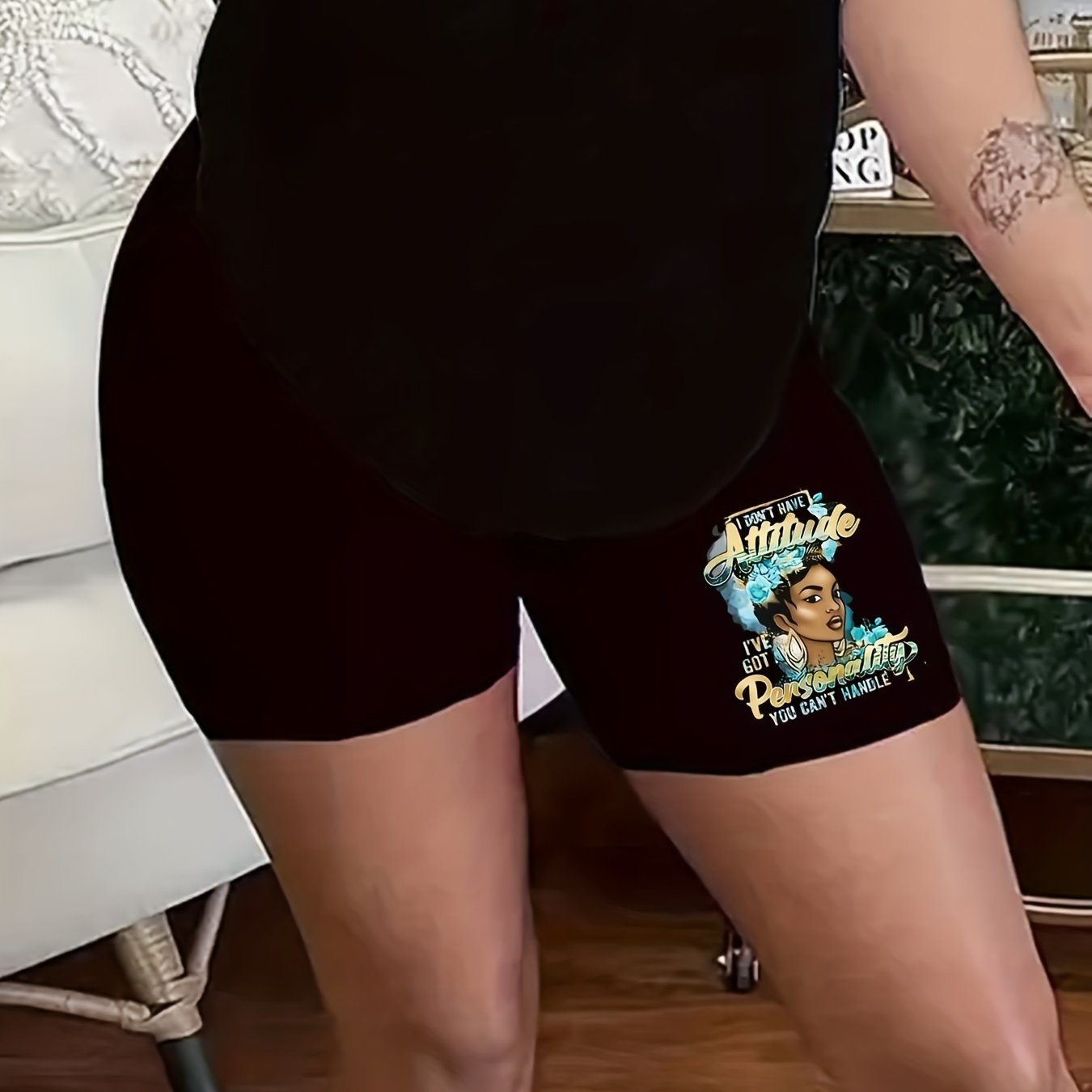 Plus Figure & Letter Print High Rise Biker Shorts