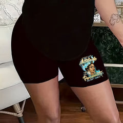 Plus Figure & Letter Print High Rise Biker Shorts