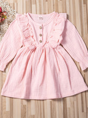 Girls Ruffle Trim Button Long Sleeve Dress