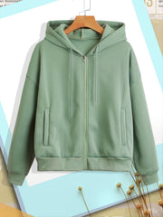 Solid Zip Up Hoodie With Pocket Drawstring Long Sleeves Active Hooded Sweatshirt