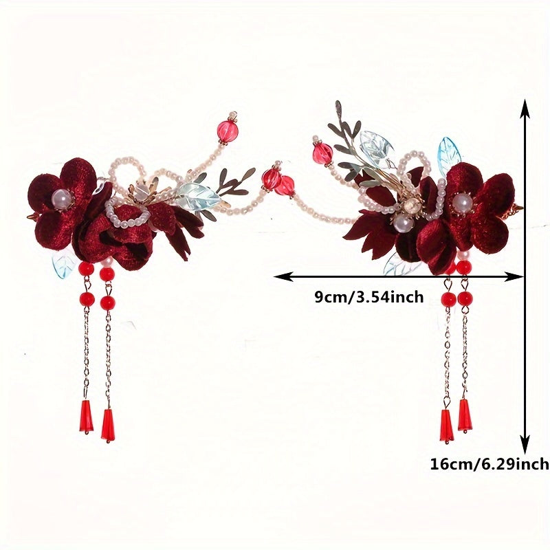 Vintage Red Velvet Flowers Beaded Hairpins Tassel Hair Clips