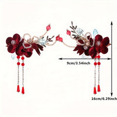 Vintage Red Velvet Flowers Beaded Hairpins Tassel Hair Clips