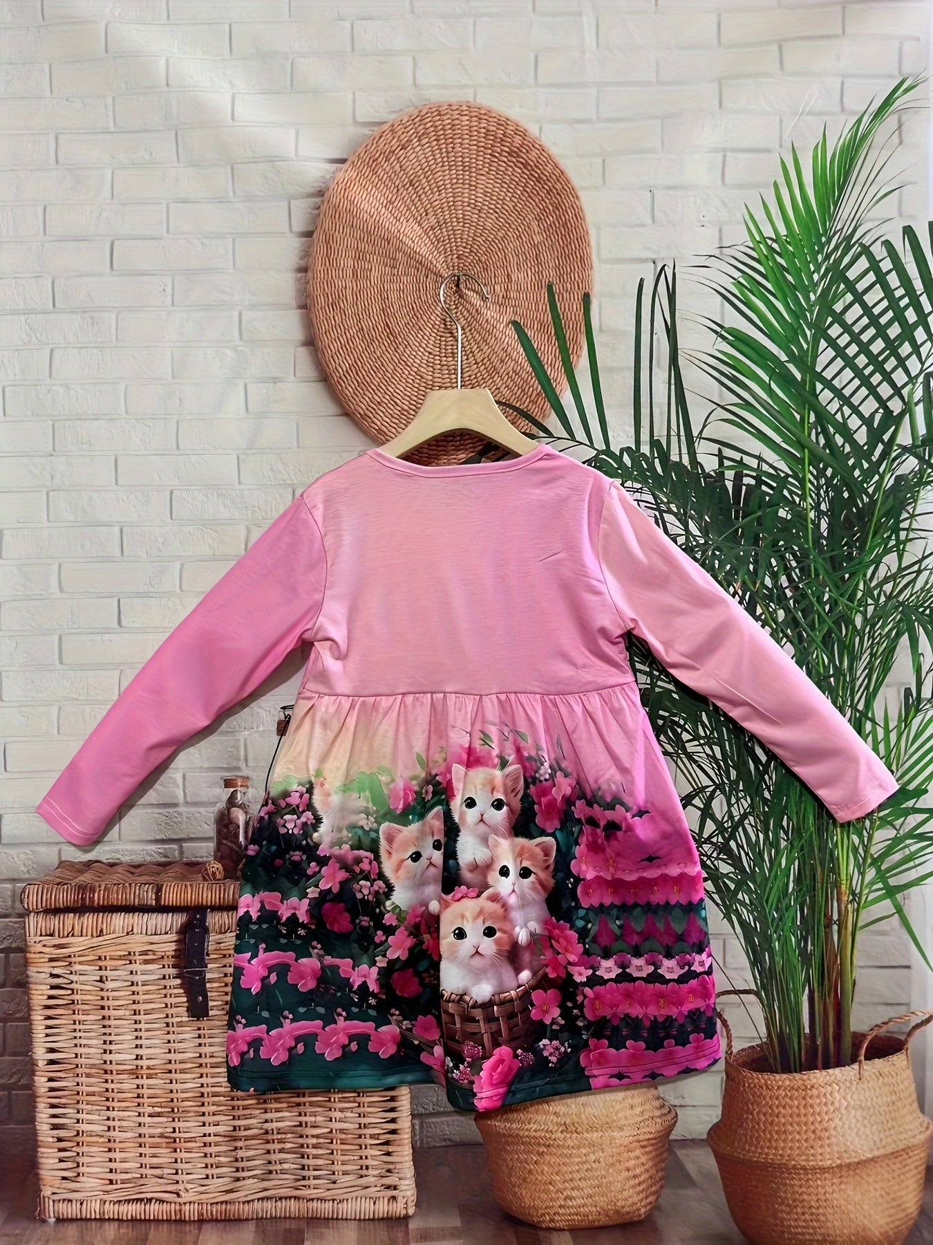 Girls Kitty Graphic Crew Neck Long Sleeve Dress 2-14y