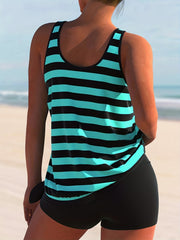 Ribbed Stripe Tankini Set High Stretch Top & Shorts Two Piece