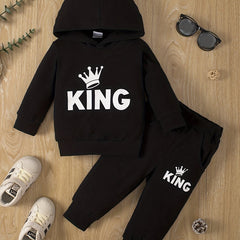 Baby Boy's Hooded KING Print Sweatshirt Pants Set