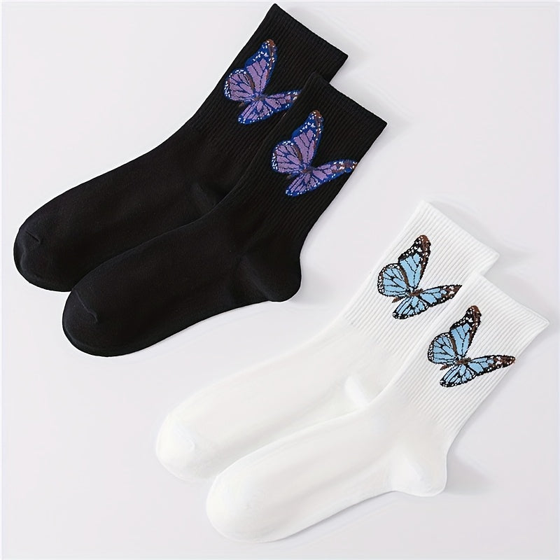 Butterfly Print Socks, Comfy & Breathable Mid Tube Stockings