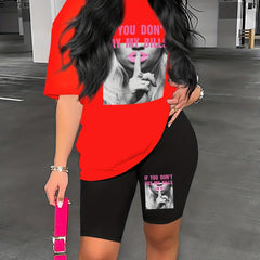 Graphic Print Two piece Set Short Sleeve T Shirt & Shorts 2pcs Outfits