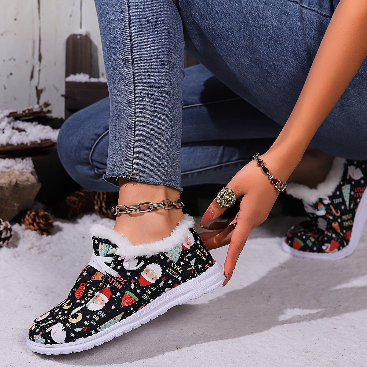 Christmas Style Snow Boots Santa Bunny Moon Pattern Plush Comfort Flats