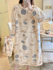 Duck Print NightDress Crew Neck Pajama Dress Women's Sleepwear