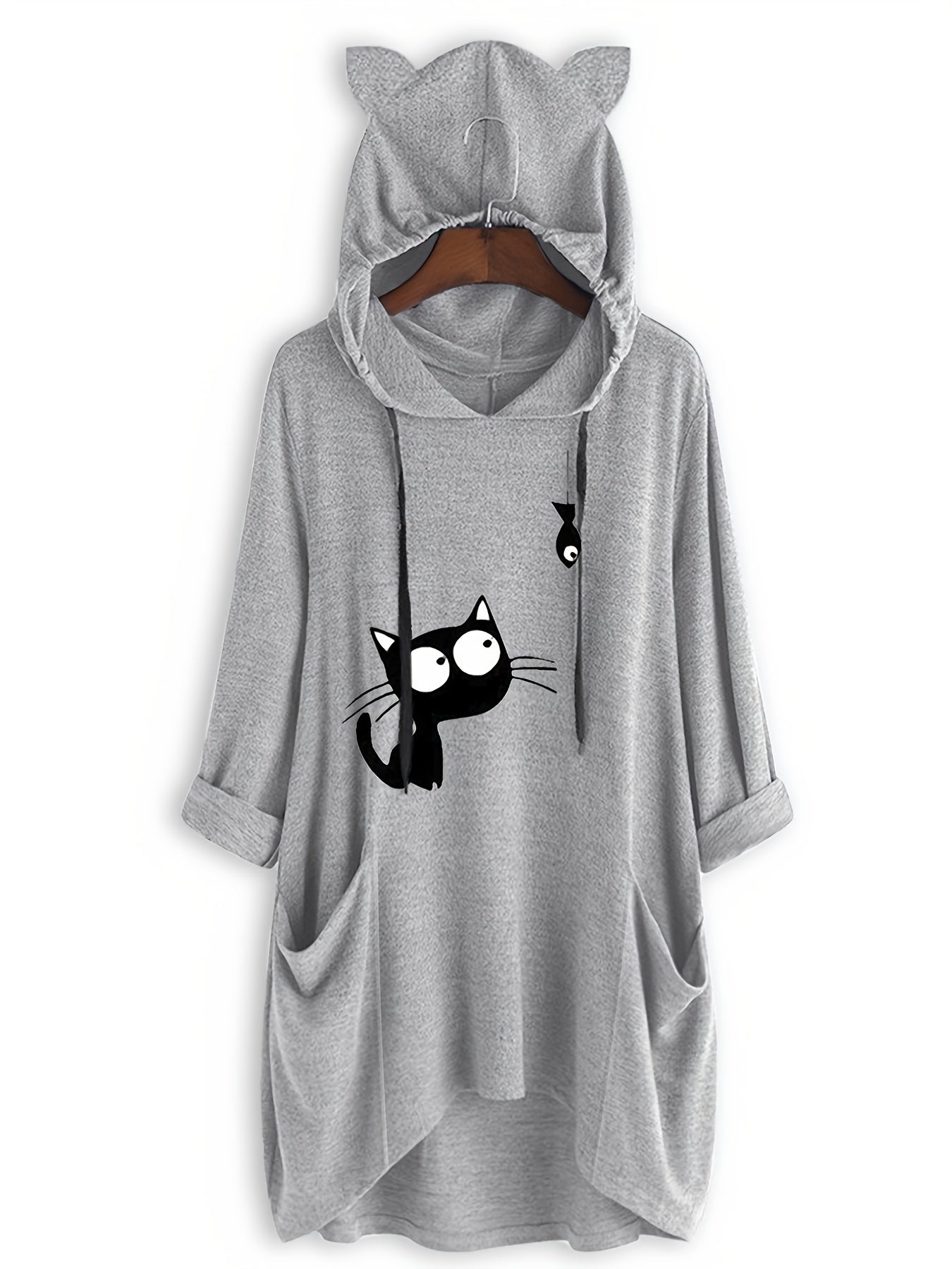 Cat Print Drawstring Hoodie Casual Long Sleeve Sweatshirt