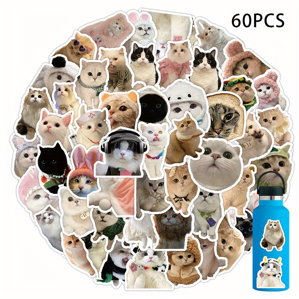 60pcs Cat Waterproof Vinyl Stickers For Water Bottle Stationery Luggage