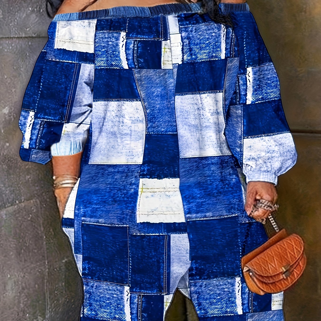 Denim Print Off Shoulder Half Sleeve Romper With Pockets