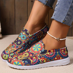 Women's Printed Canvas Slip On Low Top Shoes Comfy Walking Loafers