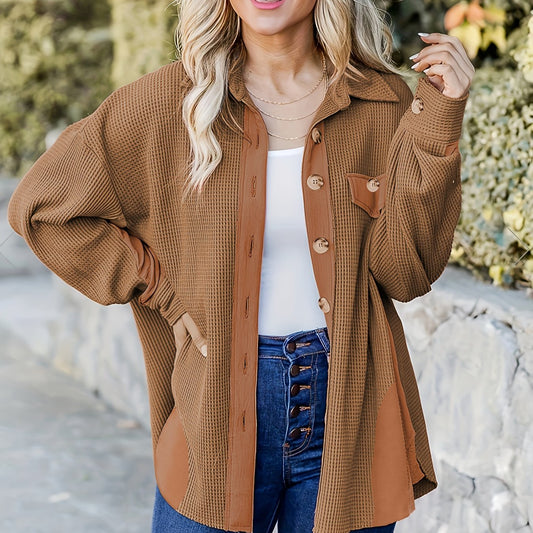 Colorblock Waffle Long Sleeve Button Up Shirt Top