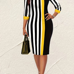 Striped Print Splicing 3/4 Sleeve Bodycon Dress Women's Clothing
