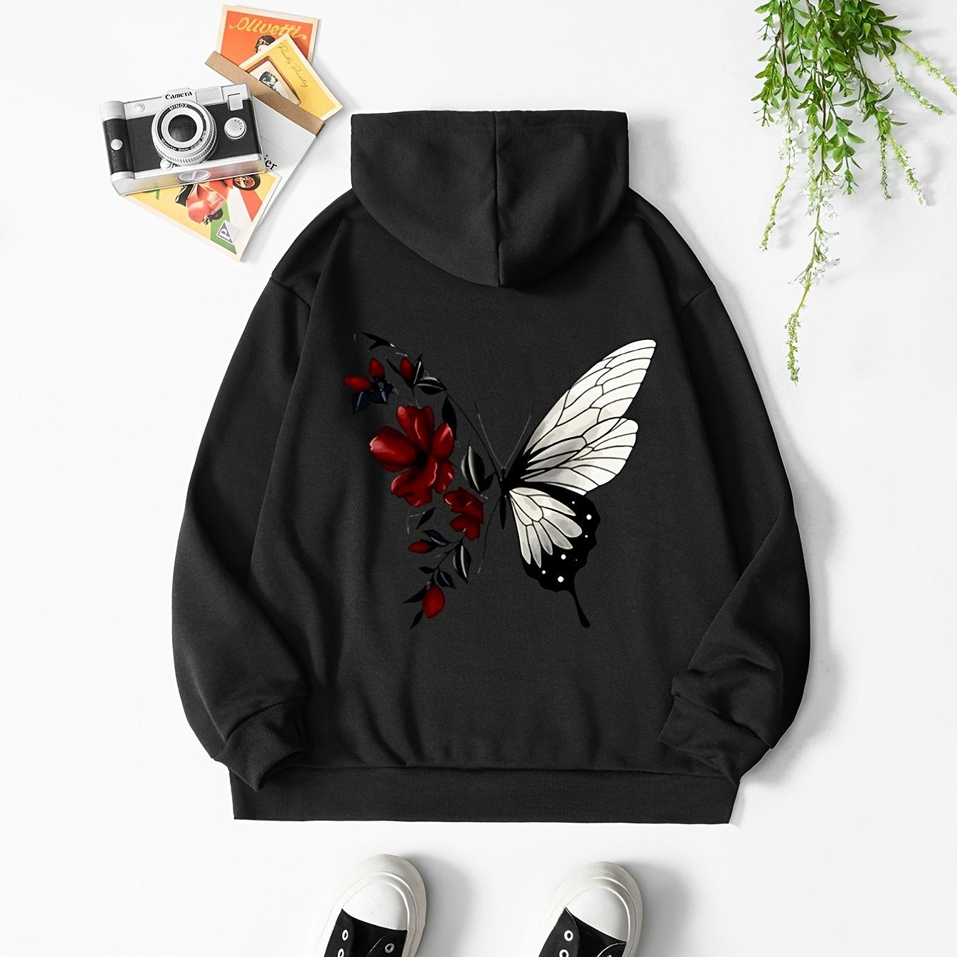 Butterfly Drawstring Hooded Shirt Solid Long Sleeve Sweater