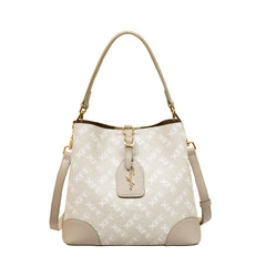 Beige Floral Bucket Bag for Women Zipper Closure Large Capacity