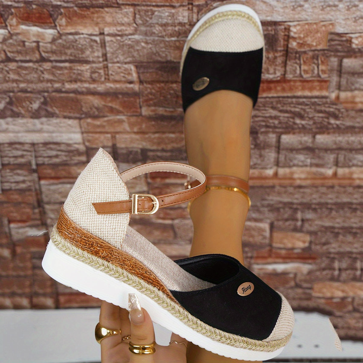 Women's Colorblock Casual Sandals Ankle Strap Buckle Wedge Shoes