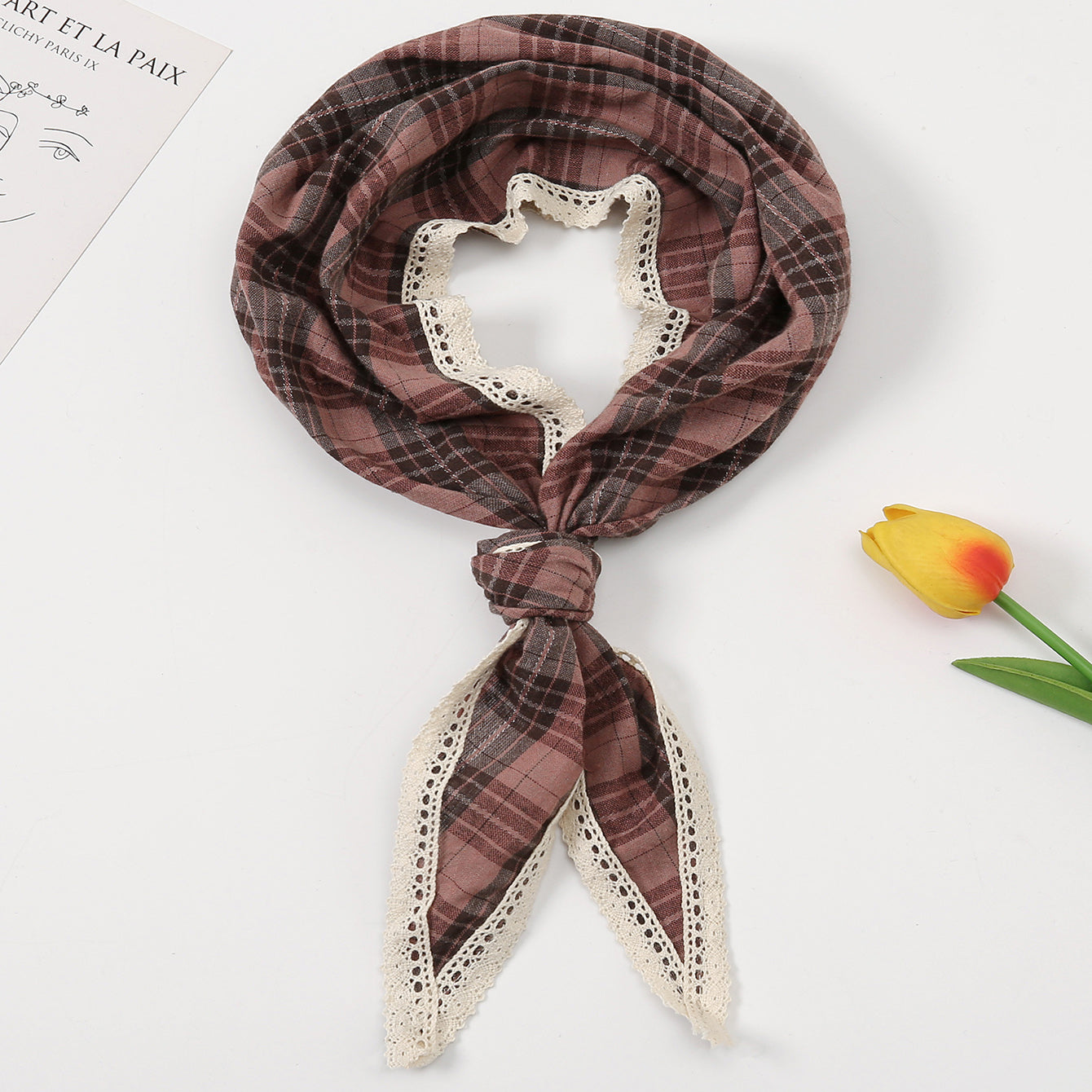 Plaid Triangle Scarf Floral Edge Versatile Fashionable Scarf Neckerchief