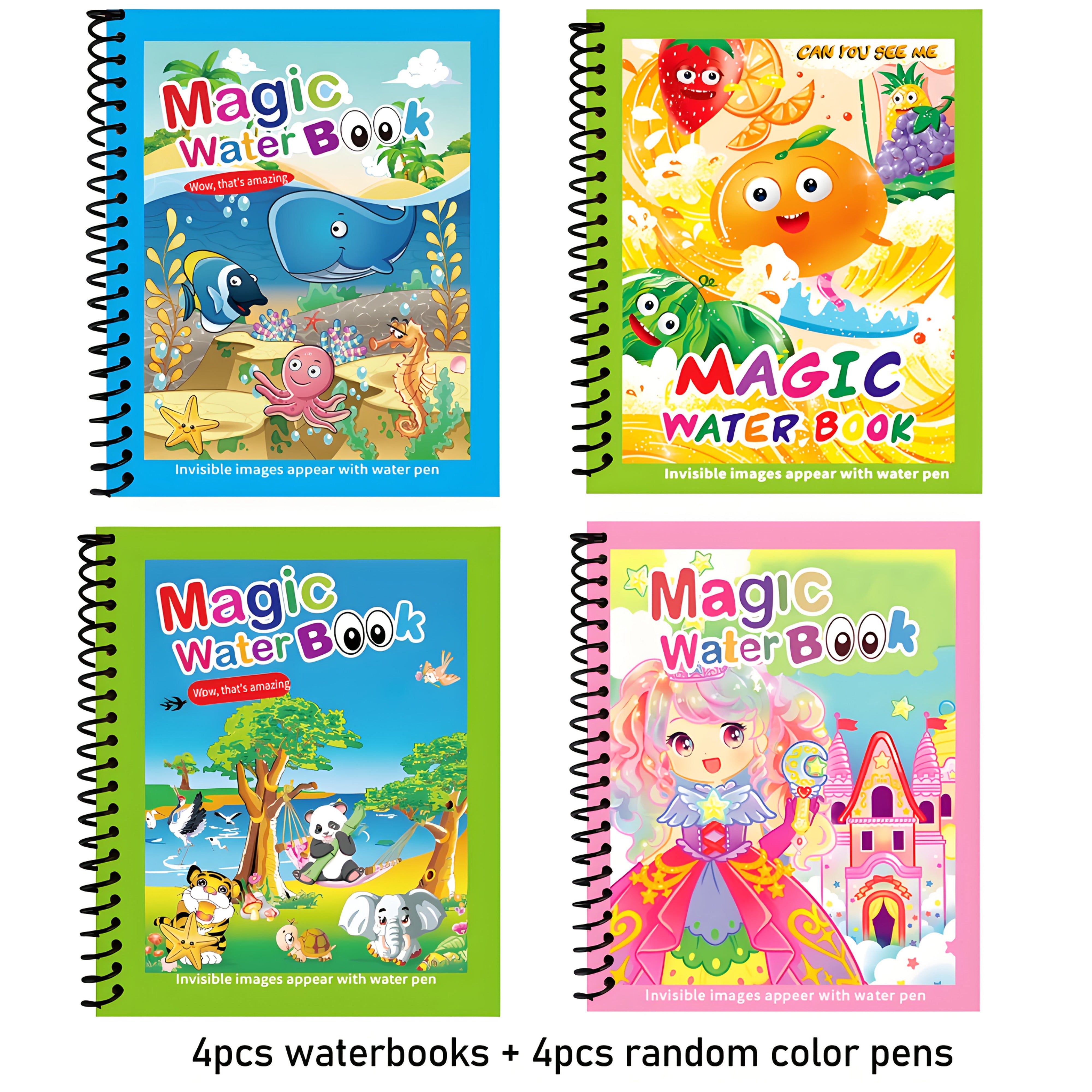 4pcs Reusable Water Coloring Books w/ Pens Animals & Sea Life Themes