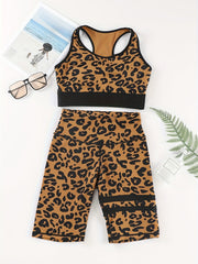 Leopard Print Sports Set U Neck Criss Cross Sports Bra & Shorts Women's Activewe