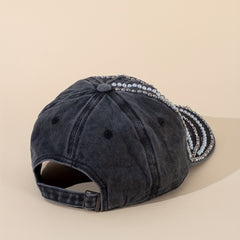 Distressed Ripped Baseball Cap Faux Pearl Rhinestone Vintage Dad Hat