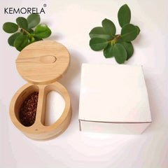 Rotating Bamboo Seasoning Box with Spoon for Spices Sugar Salt Kitchen Gadget