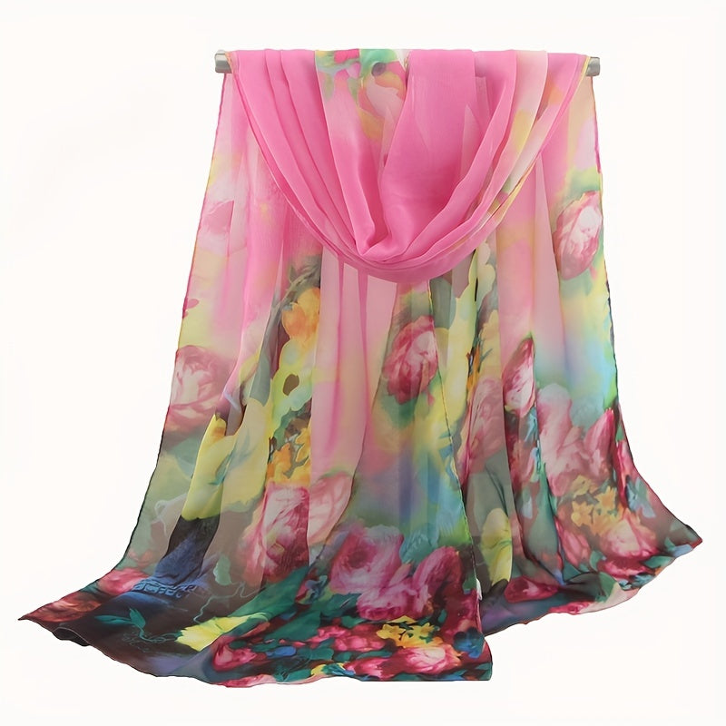 Vintage Gradient Chiffon Scarf Boho Flower Print Breathable Gauze Shawl