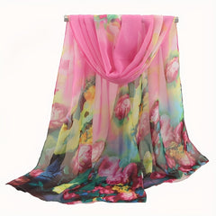 Vintage Gradient Chiffon Scarf Boho Flower Print Breathable Gauze Shawl