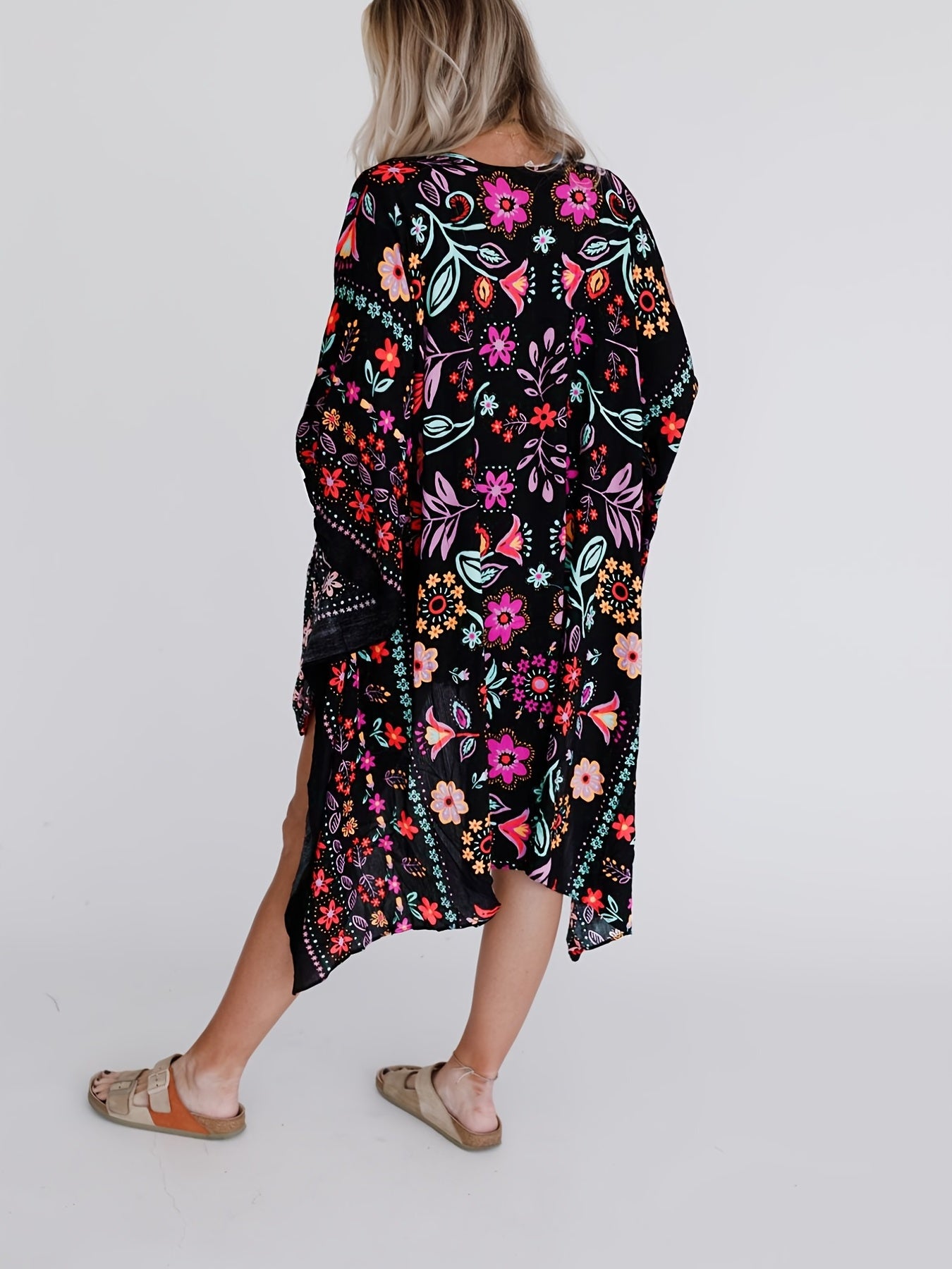 Floral Print Loose Fit Cover Up Rash Guard Kimono