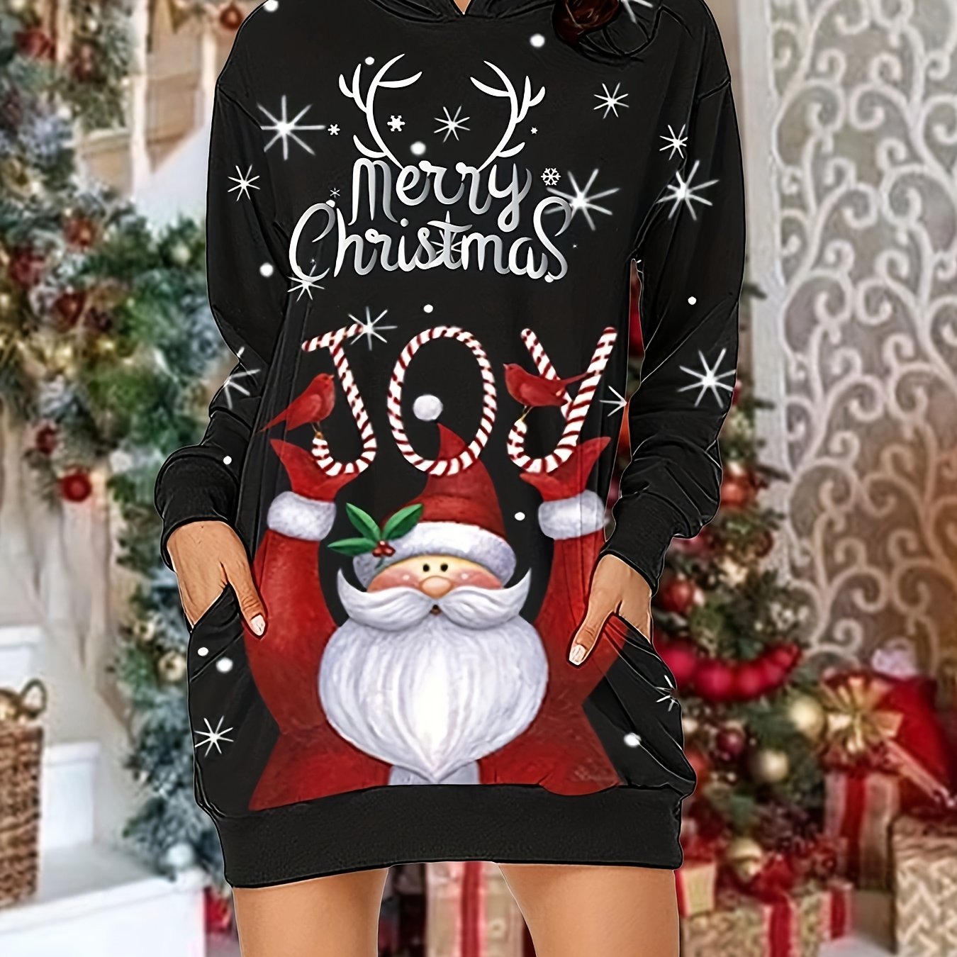 Christmas Casual Dress Women's Long Sleeve Hooded Dress With Pockets