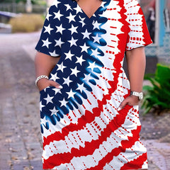 Star & Stripe Print V Neck Dress with Pockets