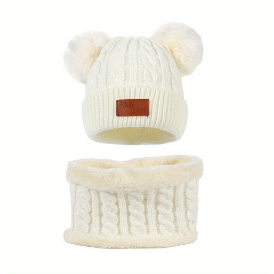 Toddler Winter Pompom Knit Cap Mittens Neck Warmer Set