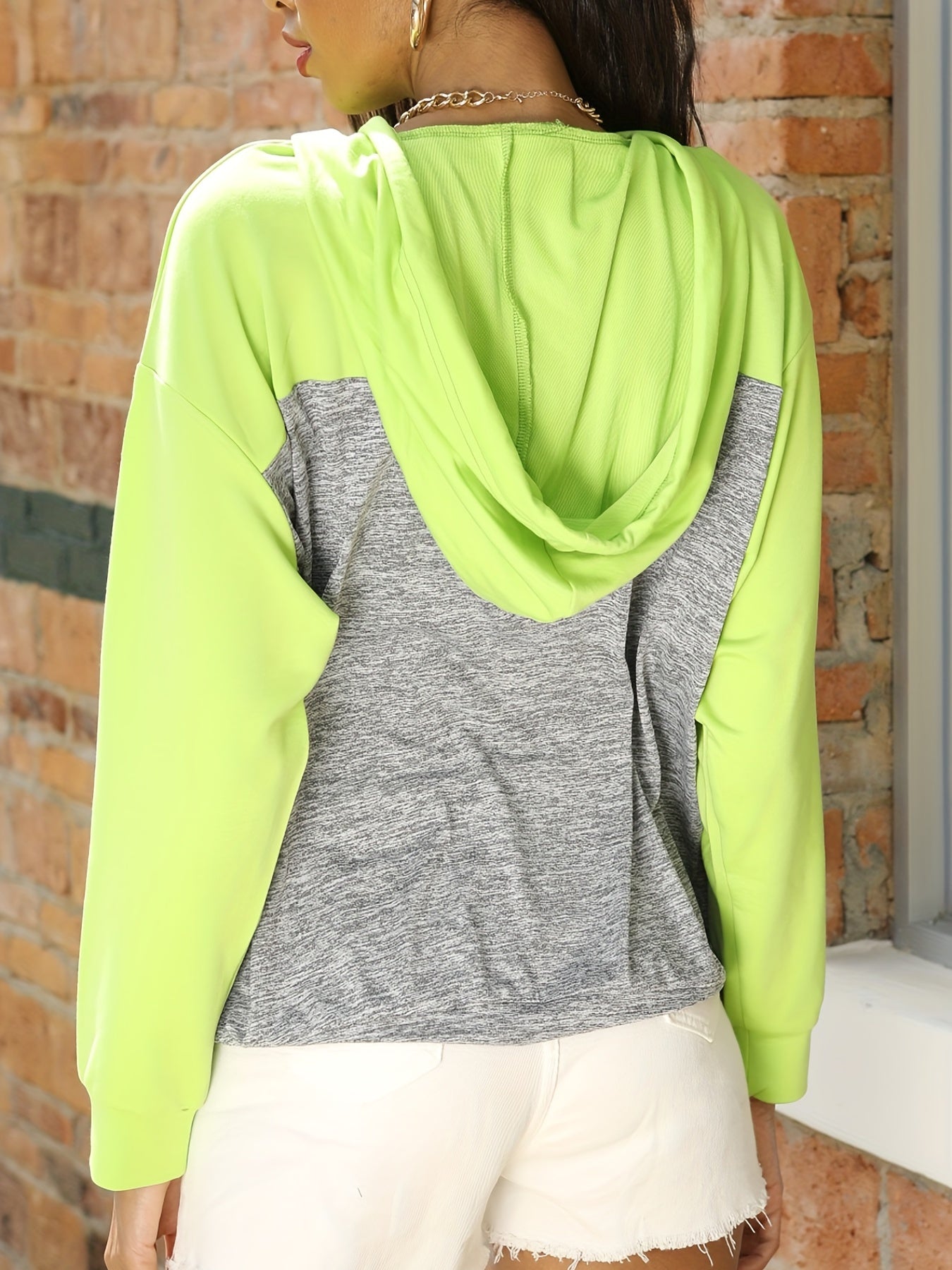 Two Tone Stitching Hooded Shirt Long Sleeve Drawstring Casual Pullover Top
