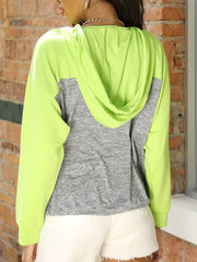 Two Tone Stitching Hooded Shirt Long Sleeve Drawstring Casual Pullover Top