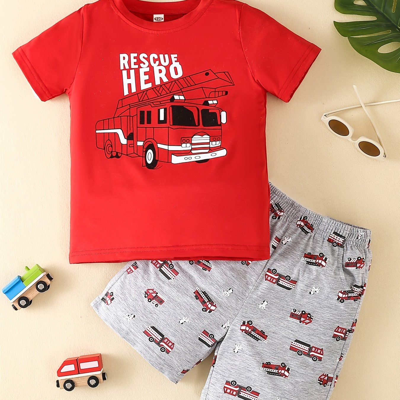 Boys Fire Truck Print T shirt & Shorts Set