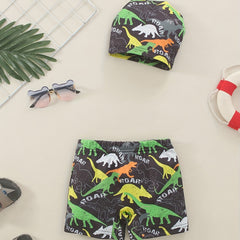 Boys Dinosaur Print Swim Trunks & Cap Set