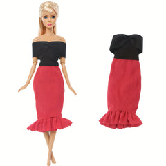 Pink and Red Doll Clothes Party Dress Fish Tail Skirt Butterfly Print Swimsuit