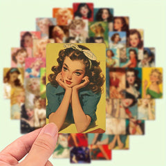 50pcs Retro Lady Graffiti Stickers Mixed Colors & Shapes Artistic Cartoon Illust