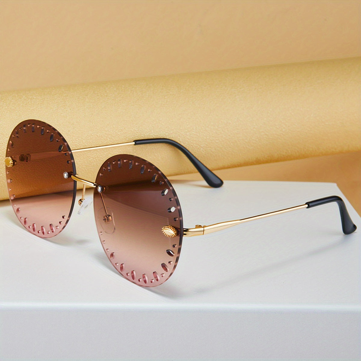 Rimless Round Sunglasses Ombre Lens Hollow Glasses
