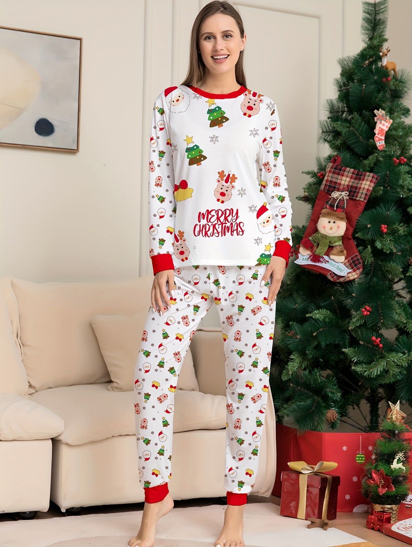 Christmas Pattern Pajama Set Long Sleeve Top & Pants Women's Sleepwear