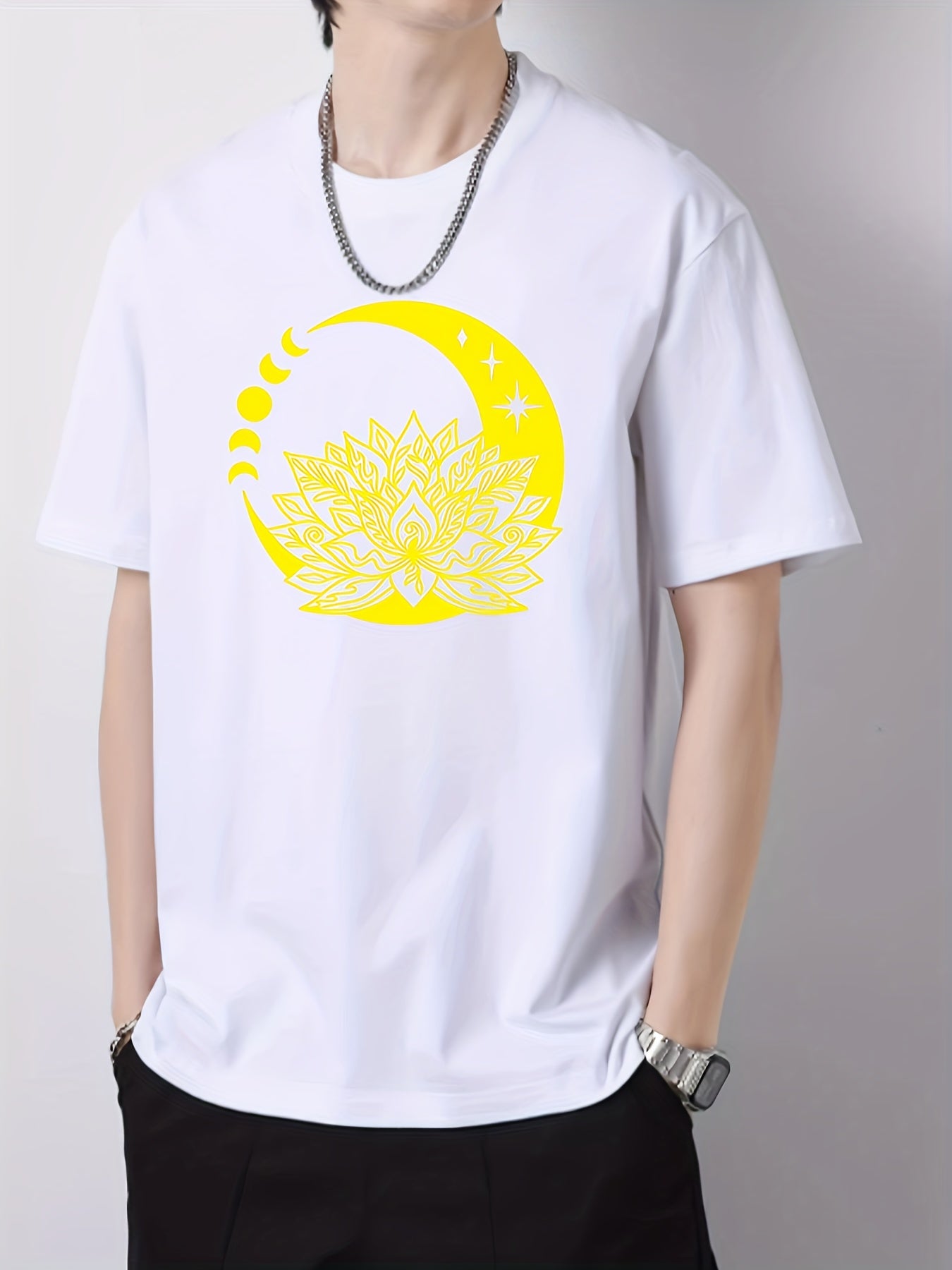 Cotton Moon Print Men's Graphic Crew Neck Active T shirt