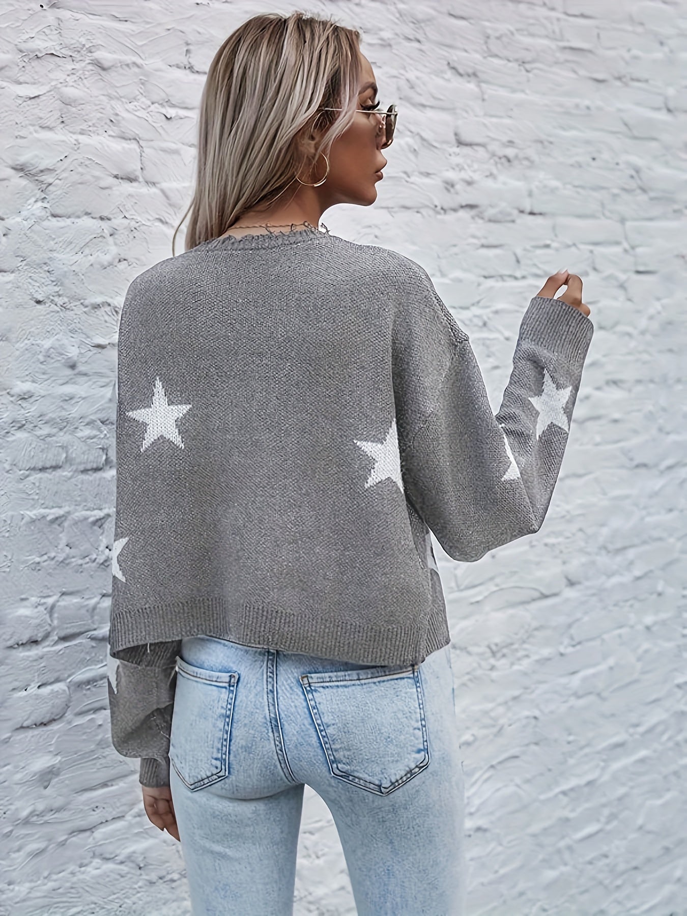 Star Print Crop Cardigan V Neck Button Up Long Sleeve