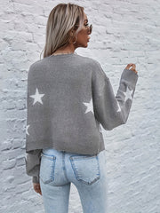 Star Print Crop Cardigan V Neck Button Up Long Sleeve